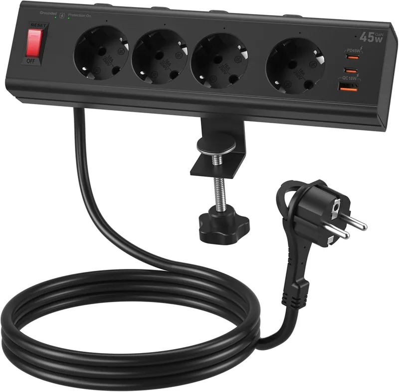 oorkyzz ▫️ Multitoma de secretária com USB-C GAN 45 W, carregamento rápido, suporte de fixação, preta