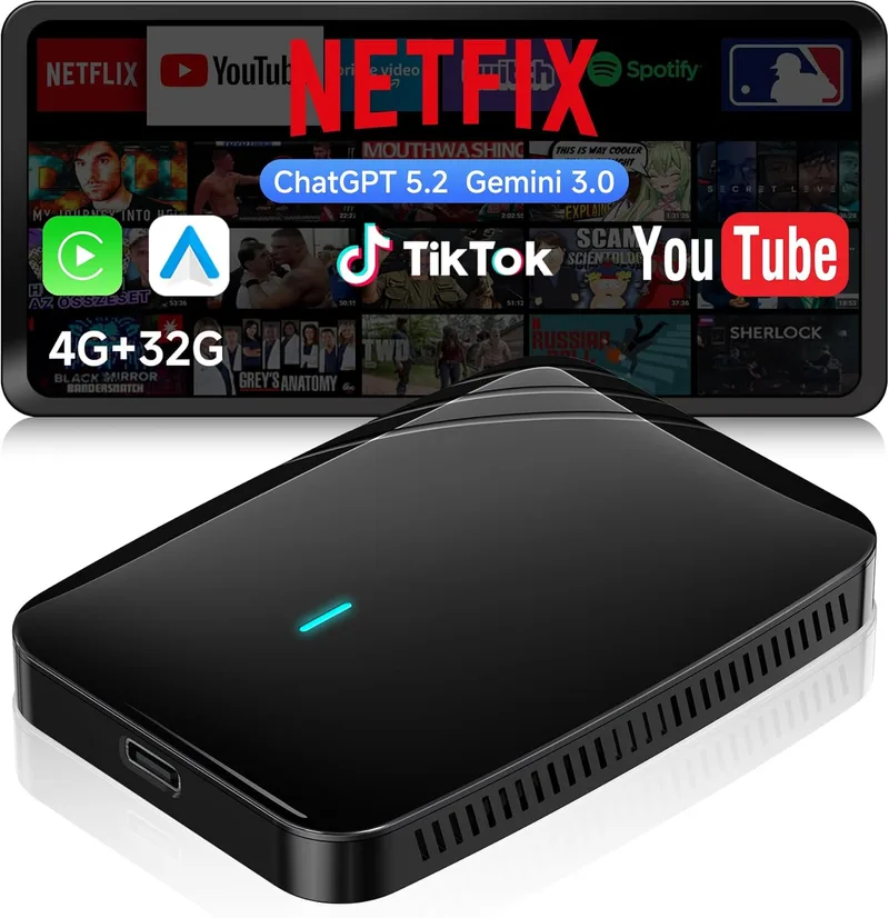 ATOTOSELECT ▫️ CarPlay e Android Auto sem fios, sistema Android completo AI Box carpaly | Para YouTube/Netflix, 4 GB + 32 GB, DriveChat AI, duplo Wi-Fi, bloqueio de Bluetooth, aplicações instaláveis