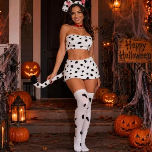 FZSGRRC ▫️ Conjunto de 6 peças, fato de cão para o Halloween, fato de animal com orelhas manchadas, meias e autocolantes, para festas e jogos de interpretação de papéis 4