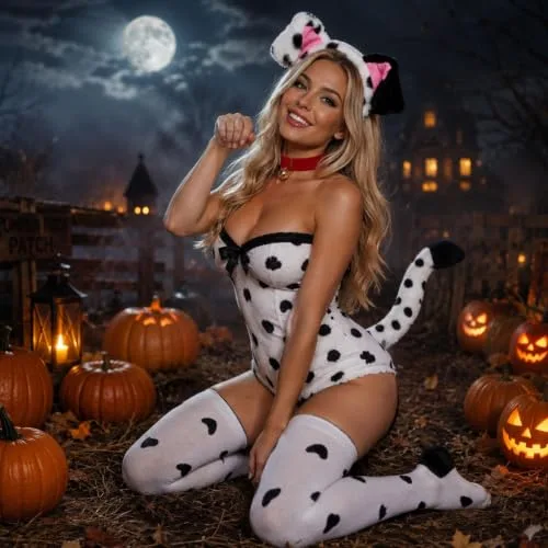 FZSGRRC ▫️ Conjunto de 6 peças, fato de cão para o Halloween, fato de animal com orelhas manchadas, meias e autocolantes, para festas e jogos de interpretação de papéis 5