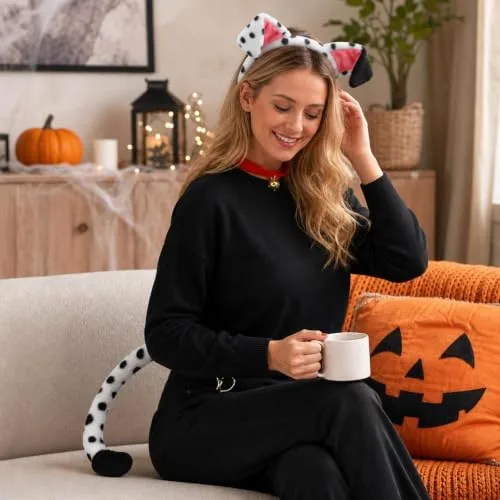 FZSGRRC ▫️ Conjunto de 6 peças, fato de cão para o Halloween, fato de animal com orelhas manchadas, meias e autocolantes, para festas e jogos de interpretação de papéis 6