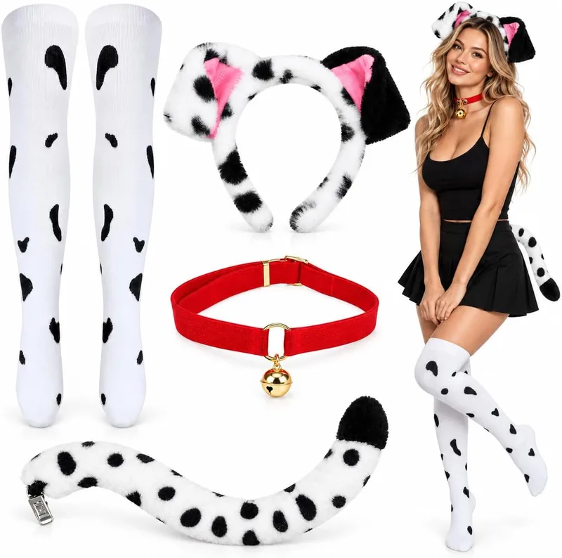 FZSGRRC ▫️ Conjunto de 6 peças, fato de cão para o Halloween, fato de animal com orelhas manchadas, meias e autocolantes, para festas e jogos de interpretação de papéis