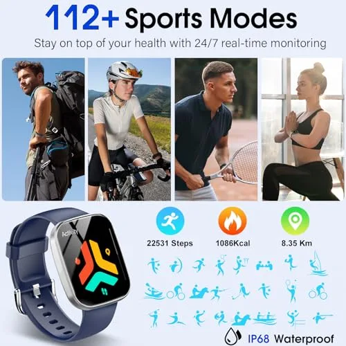 Csasan ▫️ Relógio inteligente para homem e mulher, mais de 112 modos desportivos, pulseira de atividade, relógio inteligente de 1,91" com chamadas Bluetooth, contador de passos/medidor de pulsação/monitor de sono, à prova de água IP68 para Android e iOS, azul 3