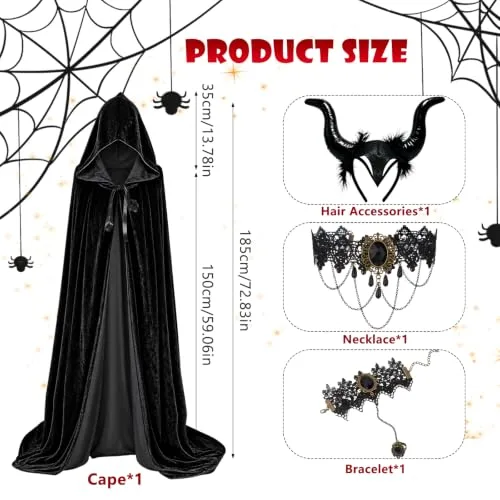 Saserner ▫️ Fato de Halloween para mulher, fato maléfico para mulher com capa preta, diadema com chifres de diabo, colar e pulseira de renda gótica, fato de diabo para mulher, para o Halloween, carnaval 2