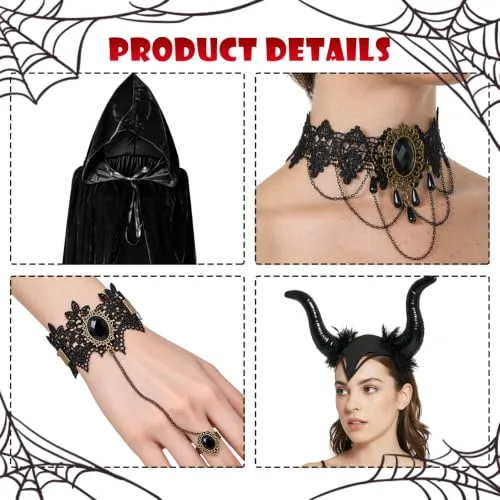 Saserner ▫️ Fato de Halloween para mulher, fato maléfico para mulher com capa preta, diadema com chifres de diabo, colar e pulseira de renda gótica, fato de diabo para mulher, para o Halloween, carnaval 3