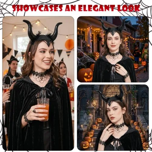 Saserner ▫️ Fato de Halloween para mulher, fato maléfico para mulher com capa preta, diadema com chifres de diabo, colar e pulseira de renda gótica, fato de diabo para mulher, para o Halloween, carnaval 4