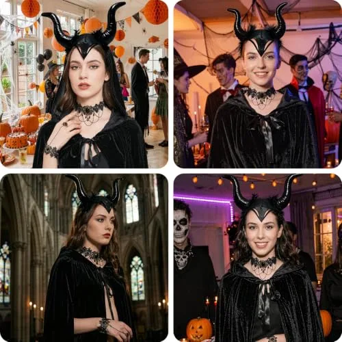 Saserner ▫️ Fato de Halloween para mulher, fato maléfico para mulher com capa preta, diadema com chifres de diabo, colar e pulseira de renda gótica, fato de diabo para mulher, para o Halloween, carnaval 5