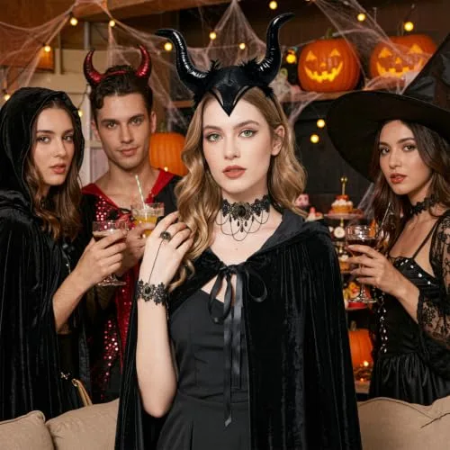 Saserner ▫️ Fato de Halloween para mulher, fato maléfico para mulher com capa preta, diadema com chifres de diabo, colar e pulseira de renda gótica, fato de diabo para mulher, para o Halloween, carnaval 6