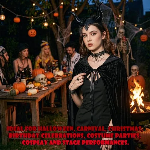 Saserner ▫️ Fato de Halloween para mulher, fato maléfico para mulher com capa preta, diadema com chifres de diabo, colar e pulseira de renda gótica, fato de diabo para mulher, para o Halloween, carnaval 7