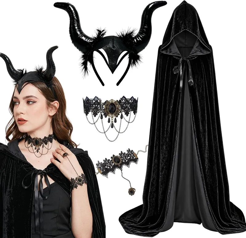 Saserner ▫️ Fato de Halloween para mulher, fato maléfico para mulher com capa preta, diadema com chifres de diabo, colar e pulseira de renda gótica, fato de diabo para mulher, para o Halloween, carnaval