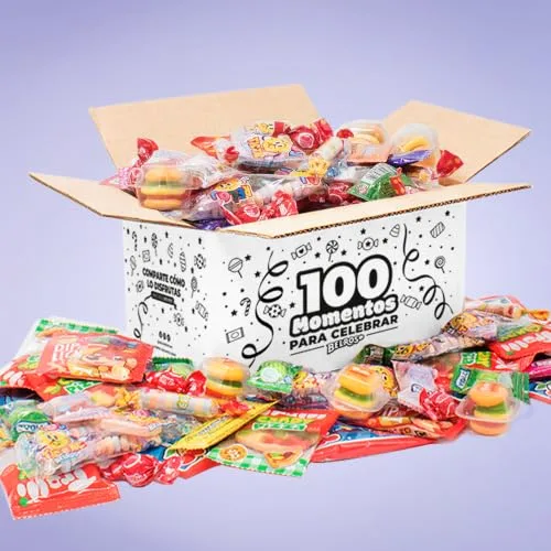 BELROS ▫️ Embalagem de 100 unidades de doces e gomas sortidas, 10 variedades embaladas individualmente. Sem glúten. Caixa de doces ideal para o Halloween, para encher piñatas, festas infantis e presentes de aniversário 4