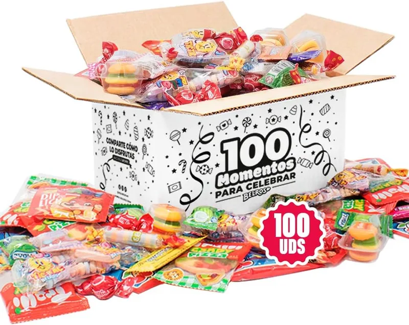 BELROS ▫️ Embalagem de 100 unidades de doces e gomas sortidas, 10 variedades embaladas individualmente. Sem glúten. Caixa de doces ideal para o Halloween, para encher piñatas, festas infantis e presentes de aniversário