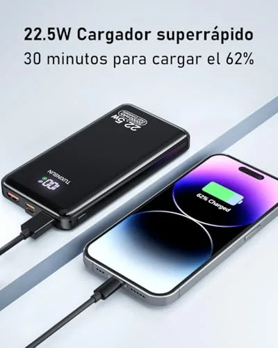 zhanyugo ▫️ Power Bank de 20 000 mAh, 22,5 W, PD 3.0 e QC 4.0, bateria externa para telemóvel com carregamento rápido PD 20 W, ecrã LCD, portas USB-C de entrada e saída, carregador portátil compatível com smartphones 2