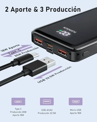 zhanyugo ▫️ Power Bank de 20 000 mAh, 22,5 W, PD 3.0 e QC 4.0, bateria externa para telemóvel com carregamento rápido PD 20 W, ecrã LCD, portas USB-C de entrada e saída, carregador portátil compatível com smartphones 3