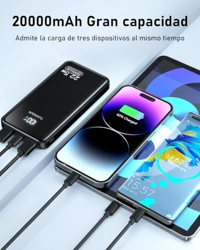 zhanyugo ▫️ Power Bank de 20 000 mAh, 22,5 W, PD 3.0 e QC 4.0, bateria externa para telemóvel com carregamento rápido PD 20 W, ecrã LCD, portas USB-C de entrada e saída, carregador portátil compatível com smartphones 4