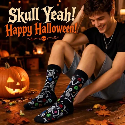 BISOUSOX ▫️ Meias de Halloween para homem com padrão de caveiras 3