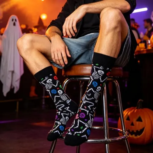 BISOUSOX ▫️ Meias de Halloween para homem com padrão de caveiras 7