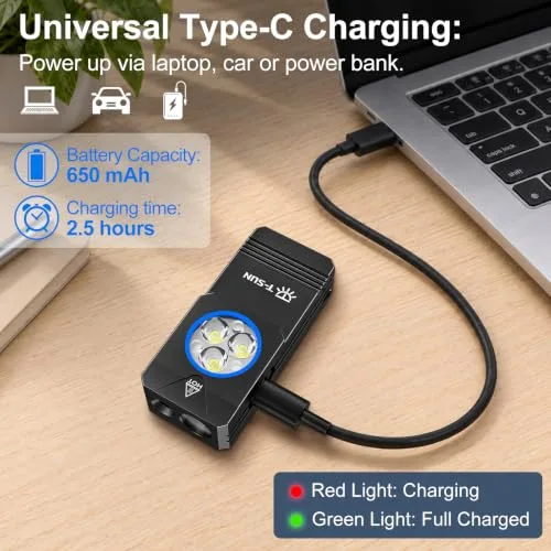 T-SUN ▫️ Lanterna LED recarregável Mini, 650 mAh, 11 modos, base magnética, IP66 7