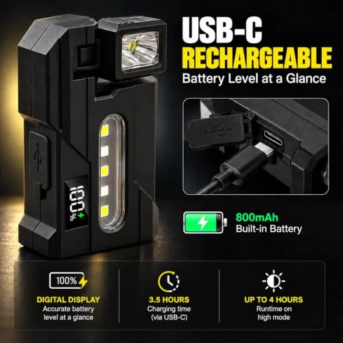 T-SUN ▫️ Mini lanterna LED recarregável de 800 mAh, 7 modos/base magnética, 2 unidades 7