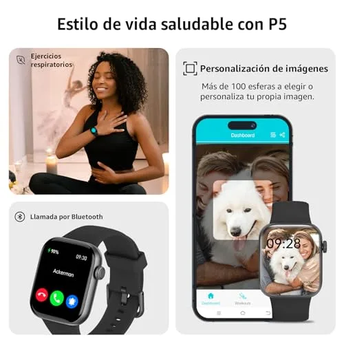 AcclaFit ▫️ Relógio inteligente para mulher e homem, relógio inteligente de 1,85" com chamadas Bluetooth, mais de 140 modos desportivos, com SpO2/medidor de pulsação/monitor de sono/podómetro, relógio inteligente à prova de água IP68 para Android e iOS 6