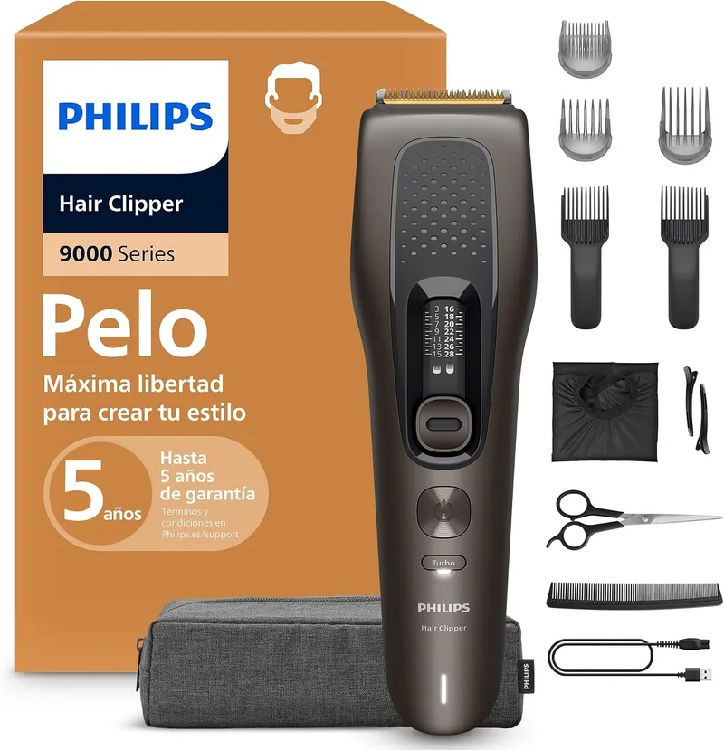 PHILIPS ▫️ Cortador de Cabelo Série 9000 - Cortador de cabelo para homem e mulher, lâminas auto-afiáveis, 28 comprimentos em intervalos de 1 mm, Trim and Flow, 180 min de autonomia, kit de barbeiro de 4 peças, HC9721/15