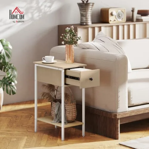HOMCOM ▫️ Mesa Auxiliar Estreita de Estilo Industrial com Gaveta 25 x 39,8 x 58,2 cm Natural 2
