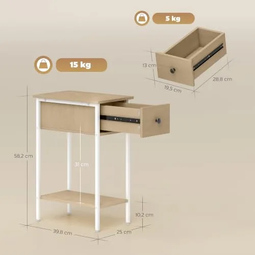 HOMCOM ▫️ Mesa Auxiliar Estreita de Estilo Industrial com Gaveta 25 x 39,8 x 58,2 cm Natural 3