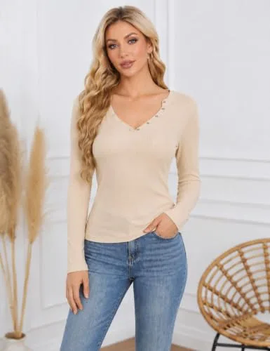 Wayleb ▫️ Camisola de gola em V para mulher, manga comprida, com botões, estilo Canalé 2