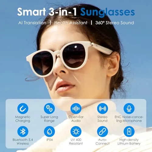 GetD ▫️ Óculos Bluetooth, óculos de áudio inteligentes de ouvido aberto com altifalante e microfone, óculos de sol polarizados para homem e mulher (Armação Branca + Lentes Cinzentas) 2