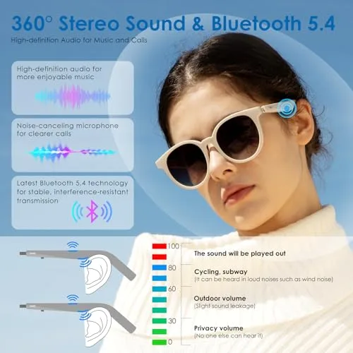 GetD ▫️ Óculos Bluetooth, óculos de áudio inteligentes de ouvido aberto com altifalante e microfone, óculos de sol polarizados para homem e mulher (Armação Branca + Lentes Cinzentas) 4