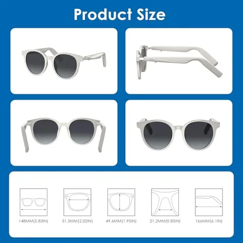 GetD ▫️ Óculos Bluetooth, óculos de áudio inteligentes de ouvido aberto com altifalante e microfone, óculos de sol polarizados para homem e mulher (Armação Branca + Lentes Cinzentas) 7