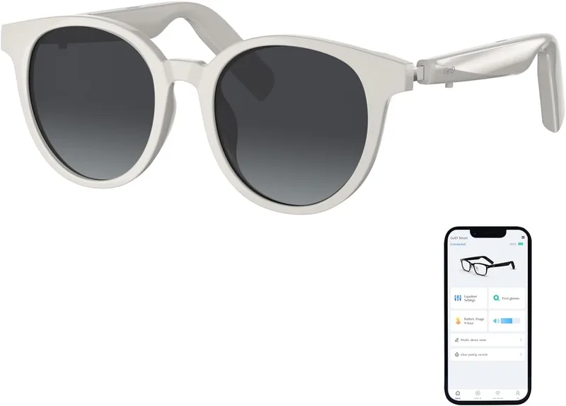 GetD ▫️ Óculos Bluetooth, óculos de áudio inteligentes de ouvido aberto com altifalante e microfone, óculos de sol polarizados para homem e mulher (Armação Branca + Lentes Cinzentas)