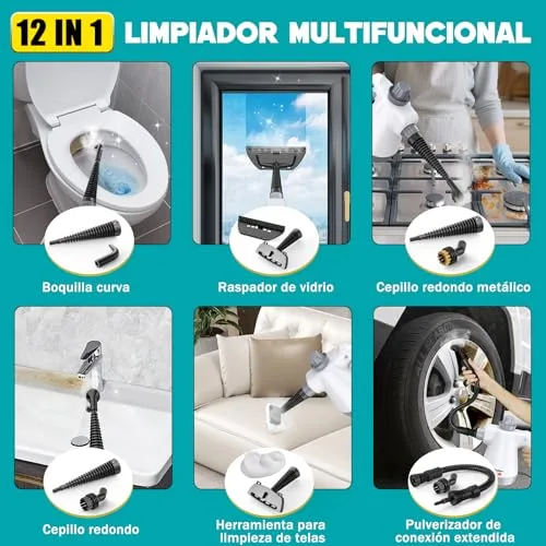 Rolipo ▫️ Limpador a vapor portátil de alta pressão com 12 acessórios e fecho de segurança, pistola de vapor doméstica multifuncional para limpar a cozinha, a casa de banho, juntas, janelas e gordura 5