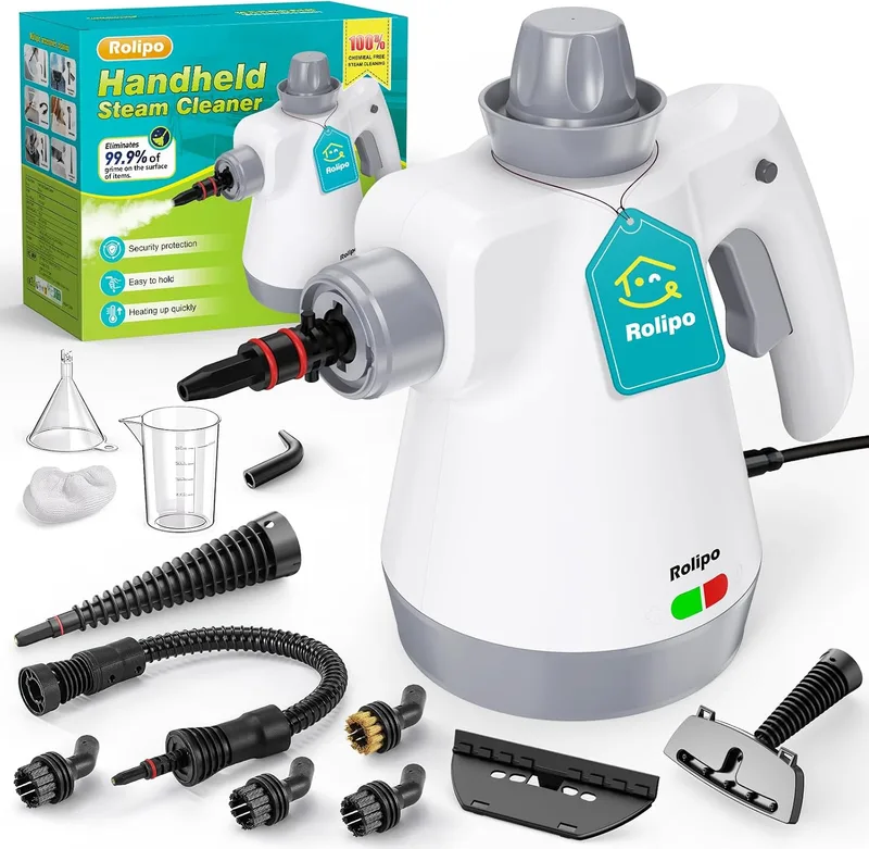 Rolipo ▫️ Limpador a vapor portátil de alta pressão com 12 acessórios e fecho de segurança, pistola de vapor doméstica multifuncional para limpar a cozinha, a casa de banho, juntas, janelas e gordura