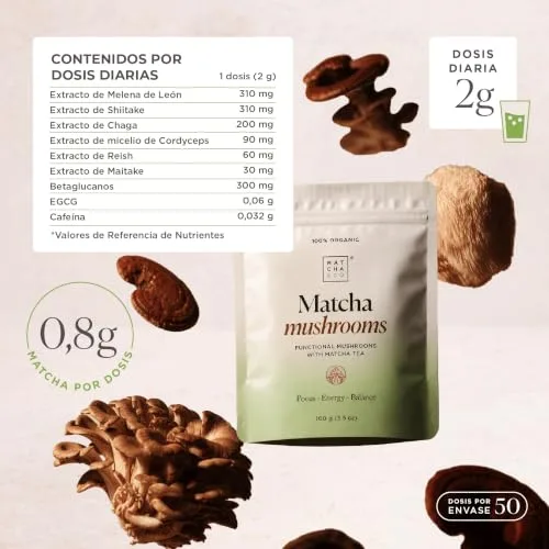 Matcha & CO ▫️ Matcha Mushrooms 100 g – Chá Matcha Cerimonial com 6 cogumelos funcionais (Cabelos de Leão, Reishi, Chaga, Cordyceps, Shiitake, Maitake) – Concentração, Energia, Equilíbrio – Origem japonesa 2