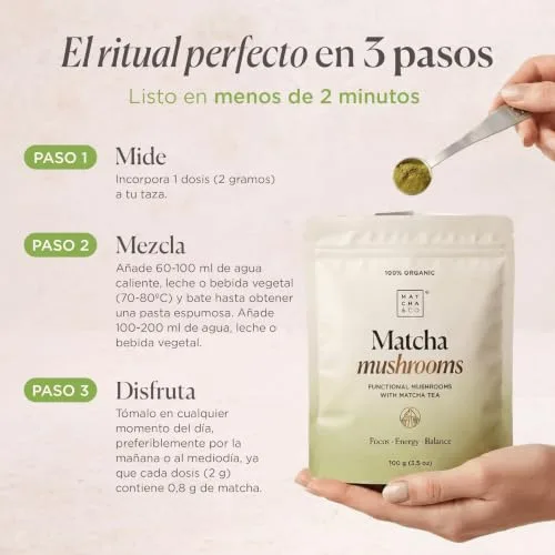 Matcha & CO ▫️ Matcha Mushrooms 100 g – Chá Matcha Cerimonial com 6 cogumelos funcionais (Cabelos de Leão, Reishi, Chaga, Cordyceps, Shiitake, Maitake) – Concentração, Energia, Equilíbrio – Origem japonesa 6