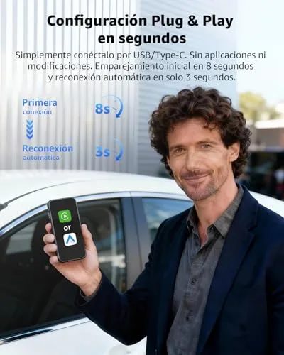 Ancvet ▫️ Adaptador CarPlay sem fios para automóvel, mini-conversor 2 em 1 para CarPlay e Android Auto sem fios, de cabo para sem fios, Plug & Play USB/USB-C, Wi-Fi de banda dupla, ligação automática rápida 6
